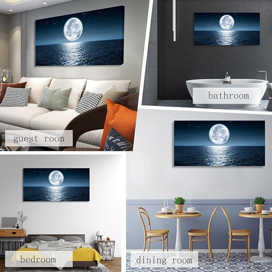 Wall Art Canvas Print Moon Sea Ocean Landscape 1 Panels Full Moon Picture Painting Framed and Stretched Ready to Hang for Living Room Bedroom Office Home Decor Artwork