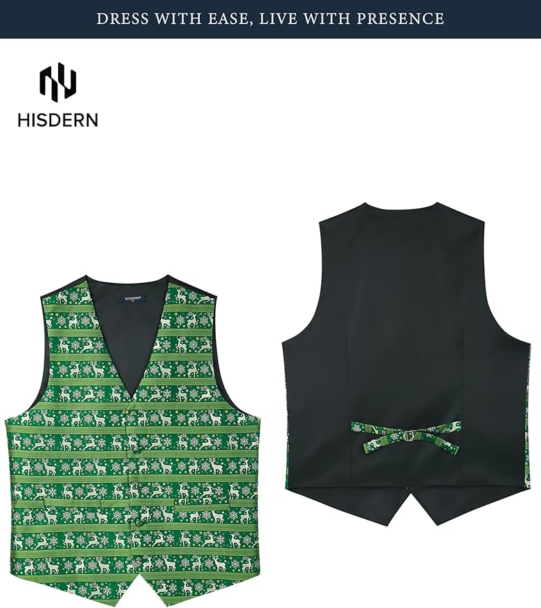 HISDERN Men's Suit Vest Christmas Holiday Season Party Jacquard Waistcoats Necktie Pocket Square Vest Suit Set