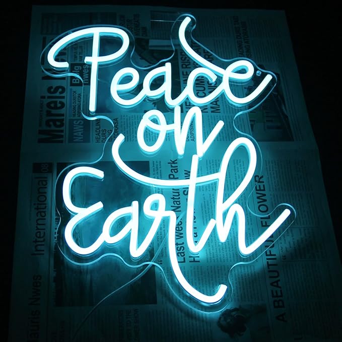 Peace on Earth Neon Sign Ice Blue Letter LED Neon Light Dimmable Neon Light Up Signs for Bedroom Man Cave Church Christmas Party Decor Blessing Gift