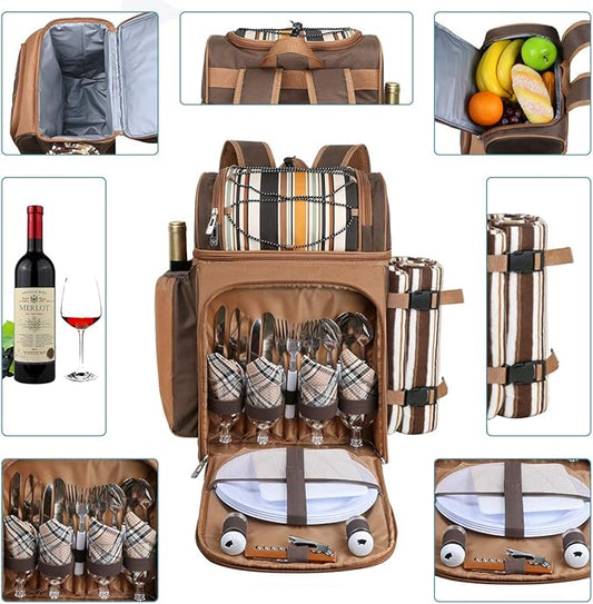 Hap Tim Picnic Basket Backpack for 4 Person with Insulated Leakproof Cooler Compartment, Wine Holder, Fleece Blanket, Cutlery Set, Wedding Gifts for Couples, Engagement Gifts