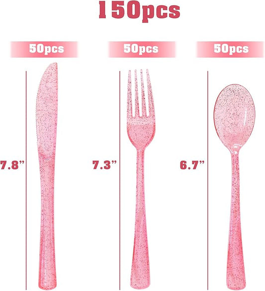 150 Pcs Pink Silverware Set Heavy Duty Pink Plastic Silverware - 50 Forks, 50 Knives, 50 Spoons for Brithday, Wedding, Baby Shower, Bridal Shower