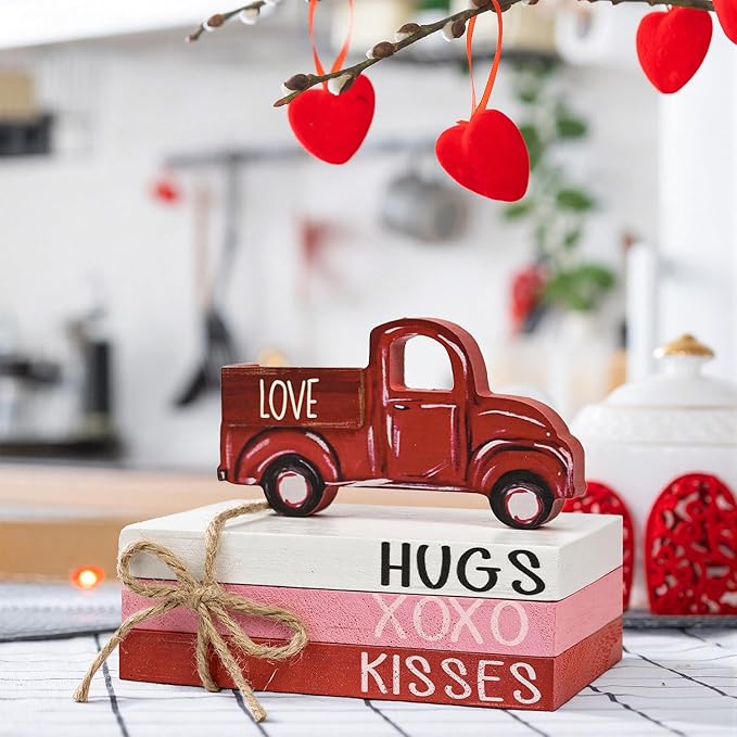 Smile Valentine's Day Wooden Book Decor Red Truck, LOVE XOXO HUGS & KISSES Signs, Valentine Indoor Decoration