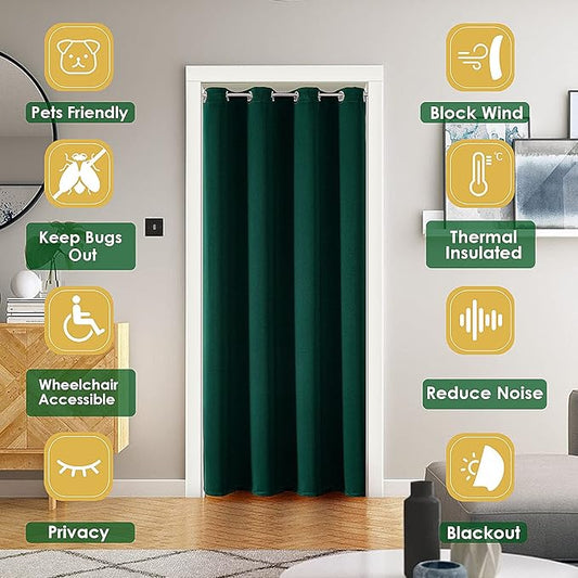 ChrisDowa Blackout Door Curtains for Doorway Privacy, Grommet Closet Curtain for Bedroom Closet Door, Thermal Insulated Doorway Cover Room Divider Drapes (1 Panel, Forest Green, 52 x 80 Inch)