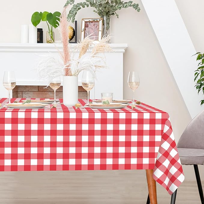WNINK 4 Pack Red Gingham Tablecloth Rectangular Red and White Checkered Tablecloths Disposable Plastic Red Plaid Table Cover for Parties, Christmas, Outdoor Picnic, Birthday, Wedding, Camping 54 × 108
