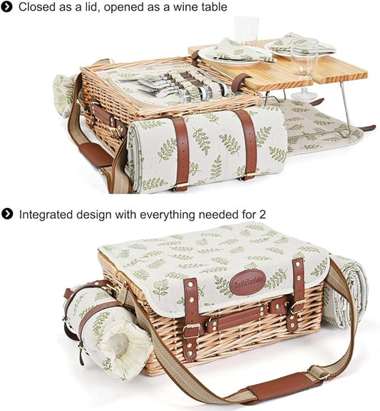 Multifunctional Wicker Picnic Basket Set for 2 with Blanket and Picnic Table, Insulated Picnic Set with Full Tablewares for Camping Outdoor Couples,Leaf