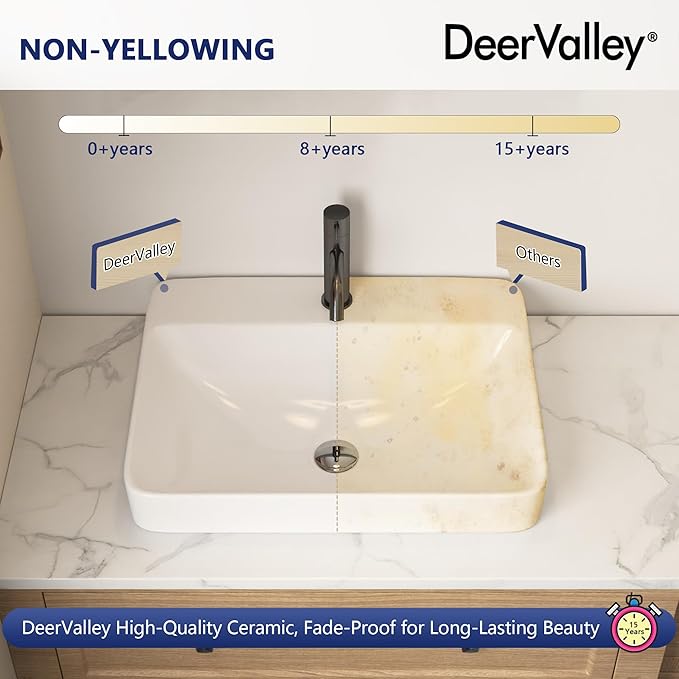 DeerValley 24x19 Inch White Rectangular Drop-In Bathroom Sink, Semi-Recessed Ceramic Vessel Sink with Overflow and Single Faucet Hole, Model DV-1DS012101