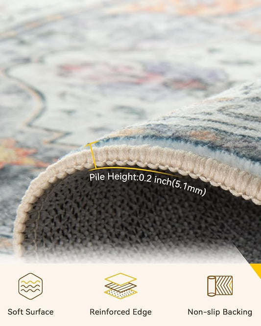 Area Rugs 5'x8' Washable Non-Slip, Floral Vintage Distress Print Pattern Medallion Carpet for Living Room Bedroom Dining Room, Light Yellow Carbon Grey Orange