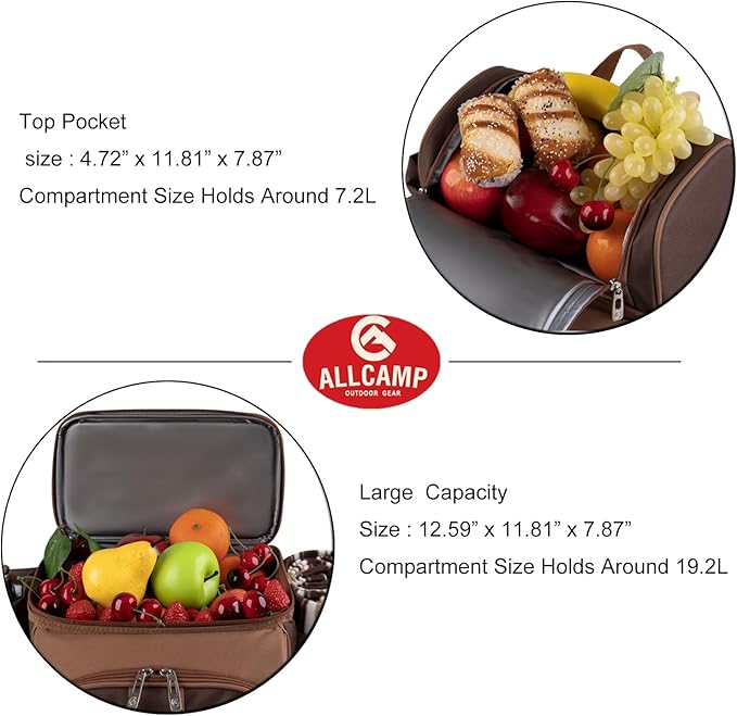 ALLCAMP Picnic Basket Backpack Cooler for 4 Person with 2 Insulated Cooler Bag, Detachable Bottle/Wine Holder, Fleece Blanket, Plates and Cutlery for Family,Couple,Friend Gatherings and Gifts (Brown)
