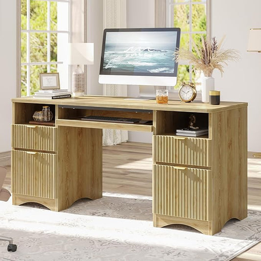Bestier Computer Desk with Keyboard Tray, 59 inch Office Desk with 4 Drawers, Modern Home Office Desk with File Drawer (Natual Oak, 59" W with Double-Sided Drawers)