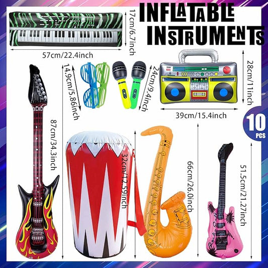 10 Pieces Inflatable Instruments Party Props Set Photo Booth Props Inflatable Guitar Saxophone Bass Lute Microphone Recorder Piano Theme Party Rock Toys Decorated Vintage Period Party