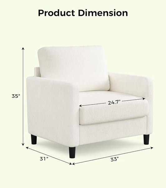 Sofa Accent Chair, 33" Reading Chair for Bedroom, Tool-Free Setup Living Room Accent Chairs, Comfy Arm Chairs Living Room, All-Wood Reading Nook, Cream White