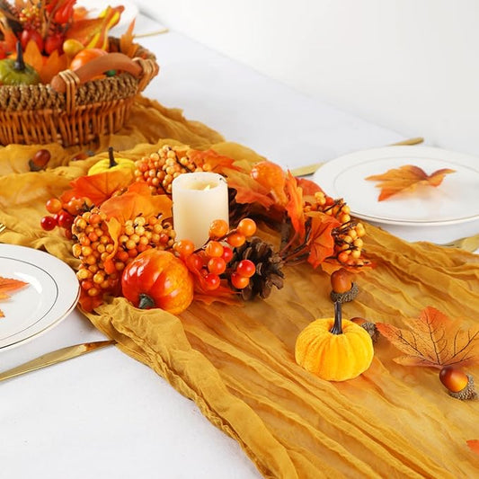 12 Pack Gold Cheesecloth Table Runner Fall Thanksgiving 35x120 Inch Mustard Yellow Cheese Cloth Runner 10FT Boho Rustic Gauze Table Runner for Wedding Party Baby Shower Birthday Decor