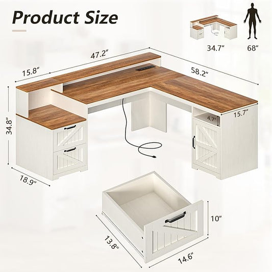 63" Farmhouse L Shaped Executive Desk with Drawers & Storage Shelf, Corner Computer Desk with Power Outlets, L Shaped Office Desk with Monitor Stand, Printer Shelf, Antique White