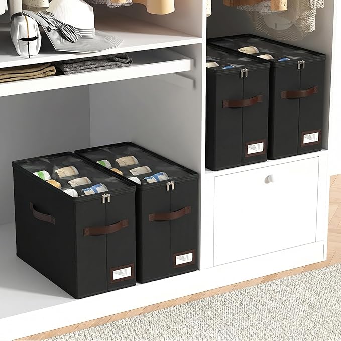 OIAHOMY 4 Pack Shoe Organizer for Closet, Foldable Shoe Storage Bins with Adjustable Dividers, Stackable Oxford Cloth Sneaker Boxes for Entryway Bedroom, Fits Up to 32 Pairs, Black