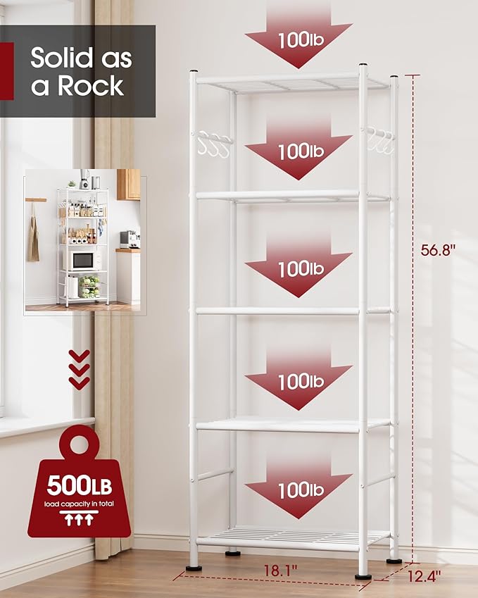 Storage Shelves - 5-Tier Large Capacity Shelf Organizer with Hooks, Heavy-Duty Garage Shelving with Leveling Feet, Wobble-Free Rack for Bedroom, Balcony, Garage, 18.1"×12.4"×56.8", White
