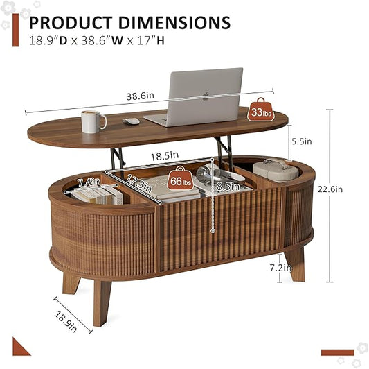 LYNCOHOME Fluted Lift Top Coffee Table with Storage,Modern Oval Coffee Table for Living Room or Home Office(Walnut)