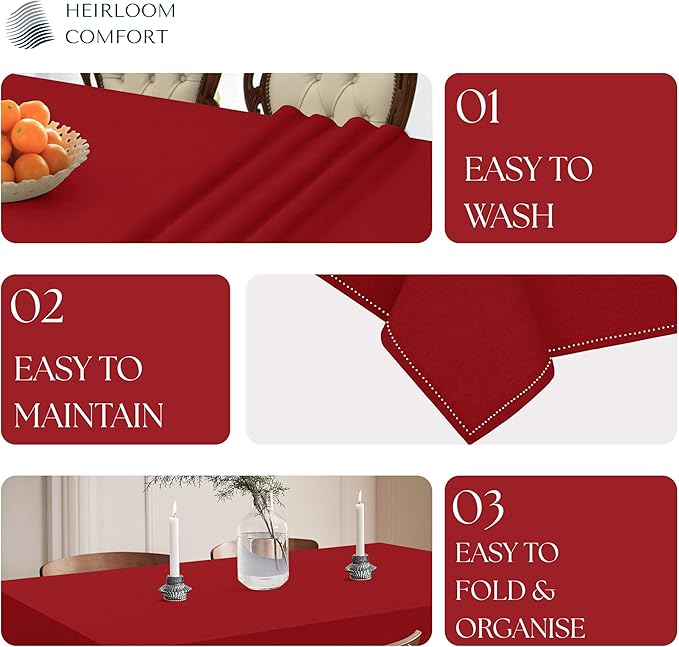 Red Cotton Tablecloth, Table Cover 52x70 Inch, Fits 4-6 Seats, Soft, Washable, Wrinkle Resistant, Rectangle Table Cloth for Dining, Anniversaries, Festive Gatherings, Family Dinner