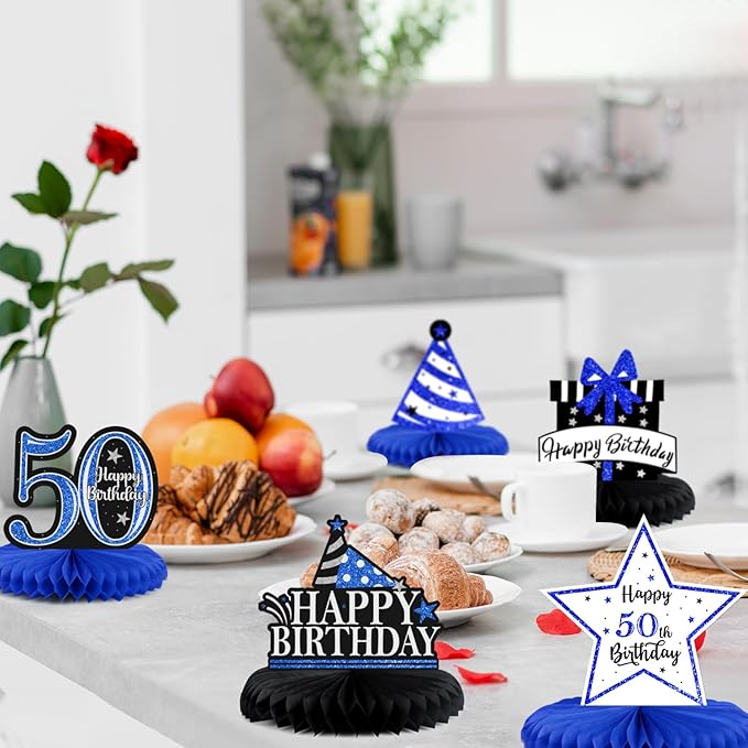Happy 50th Birthday Decorations,50th Bday Blue Glitter Shiny Stand Honeycomb Table Centerpieces - Cheers to Fifty Years Old Birthday Party Photoprop Gift Sign.