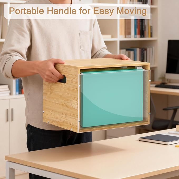 Acrylic File Organizer with Lid, Bamboo File Box with Handle, Hanging File Folder Organizer, Portable Filing Organizer File Crate Storage Box for Home Office Classroom, Letter Size