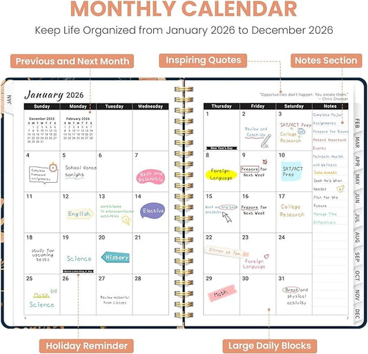 2026 Planner, Weekly and Monthly Planner for Women, Jan 2026 - Dec 2026 Pretty 2026 Calendar Planner with Monthly Tabs, Inner Pocket, Spiral Binding, Perfect for Office Home School - 6.3" x 8.5", Evening Floral