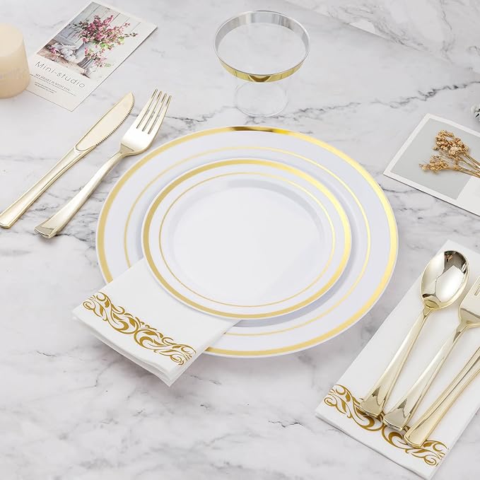 BESTVIP 700 PCS Gold Dinnerware Set for 100 Guests, Plastic Dinnerware Set for Party, Christmas, Halloween, Include: 200 Plastic Plates, 100 Gold Silverware, 100 Cups, 100 Paper Napkins