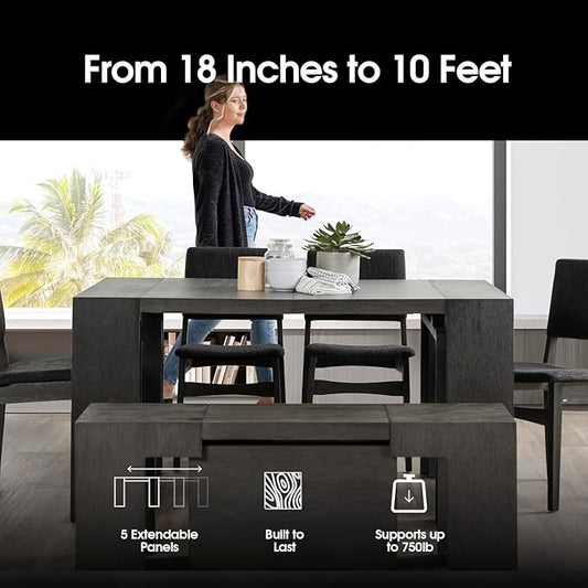 Transformer Table - Solid Wood Extendable Dining Table, Seats 2-12, Expandable Dining Room Table, Space-Saving Furniture, Kitchen and Dining Room Furniture (Dark Grey, Table Only)