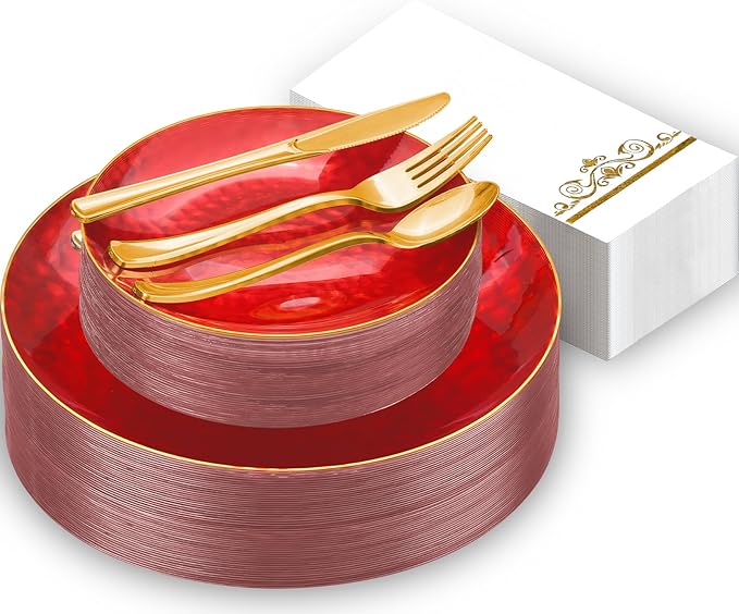 150 Pcs Red Plastic Plates - Fancy Plastic Dinnerware Set for 25 Guests - 50 Red Disposable Plates, 75 Gold Silverware, 25 Napkins for Party Birthday Christmas