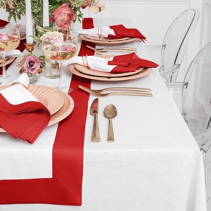Solino Home Linen Table Runner 108 Inches Long - Red and White 100% Pure Linen 14 x 108 Inch Table Runner for Dining, Christmas, Holiday, Winter, New Year - Contempo