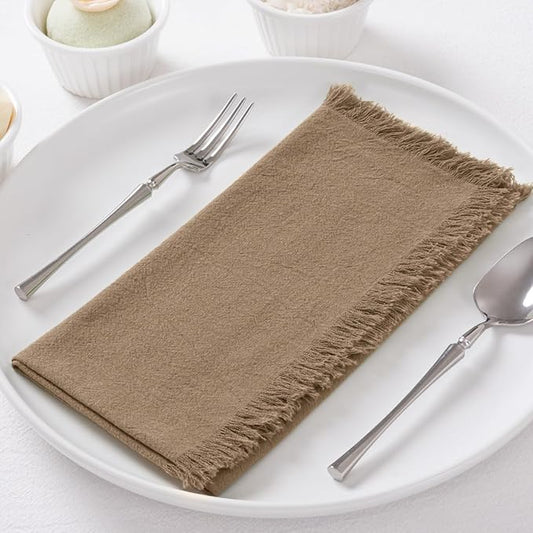 12 Pack Nude Cotton Linen Napkins with Fringe Christmas Cloth Napkins Set of 12 Boho Handmade Holiday Napkins Bulk for Wedding Baby Shower Xmas Dinner Table Parties, 17 x 17 Inches