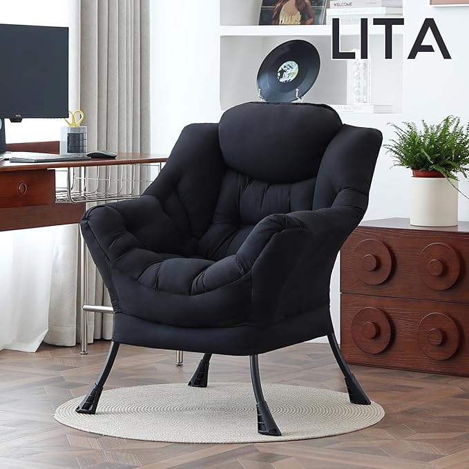 LITA Lazy Chair with Armrests and Side Pocket, Modern Upholstered Accent Reading Chair for Living Room, Bedroom, Dorm, Small Spaces, Single Black