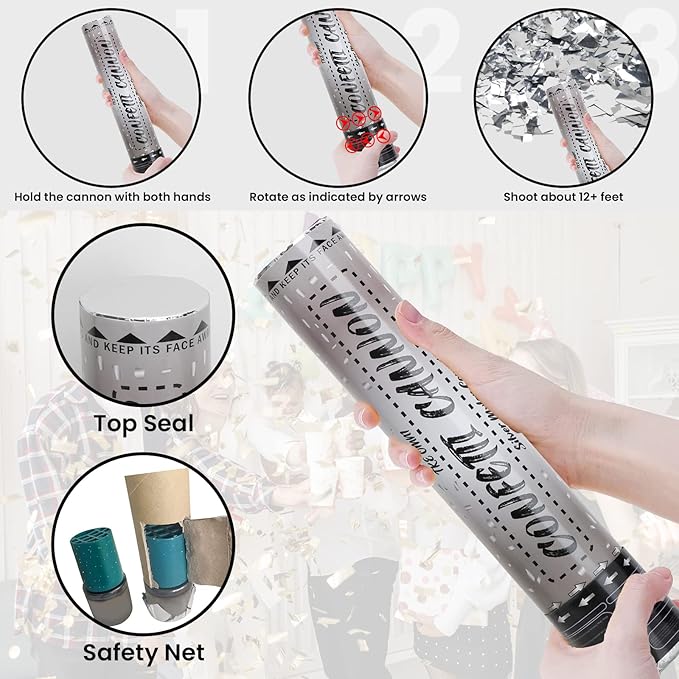 12 Inch Confetti Cannons (6 Pack) ā Silver Mylar Confetti Poppers - Air Powered Party Poppers Confetti Shooters for Birthday, Wedding, Graduation, Christmas, New Year Celebrations