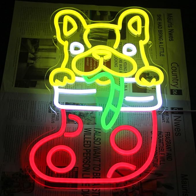 Christmas Stocking Dog Neon Sign Dimmable French Bulldog Neon Light Candy Cane LED Sign for Wall Cute Animal Neon Lights Signs for Bedroom Restaurant Pet Shop Party Christmas Decor