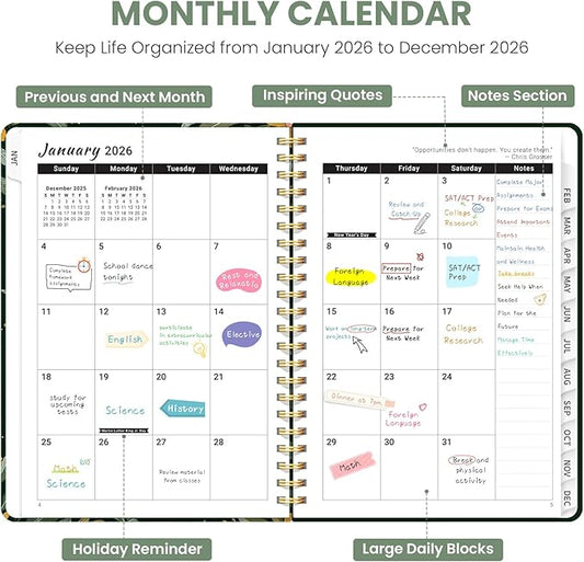 2026 Planner, Weekly and Monthly Planner for Women, Jan 2026 - Dec 2026 Pretty 2026 Calendar Planner with Monthly Tabs, Inner Pocket, Spiral Binding, Perfect for Office Home School - 6.3" x 8.5", Golden Wreath