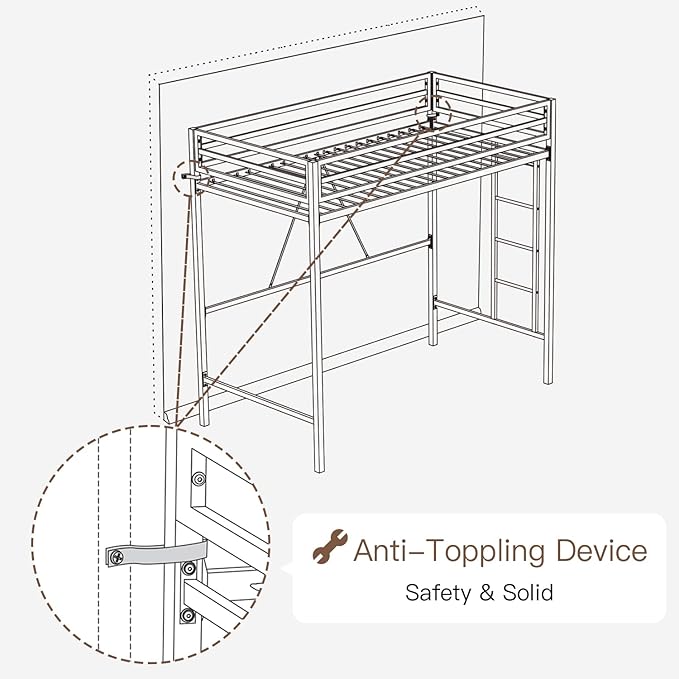 ikalido Metal Loft Bed Twin Size with Safety Guardrail and Ladder, No Box Spring Needed Space Saving Bedroom Furniture,Cream White