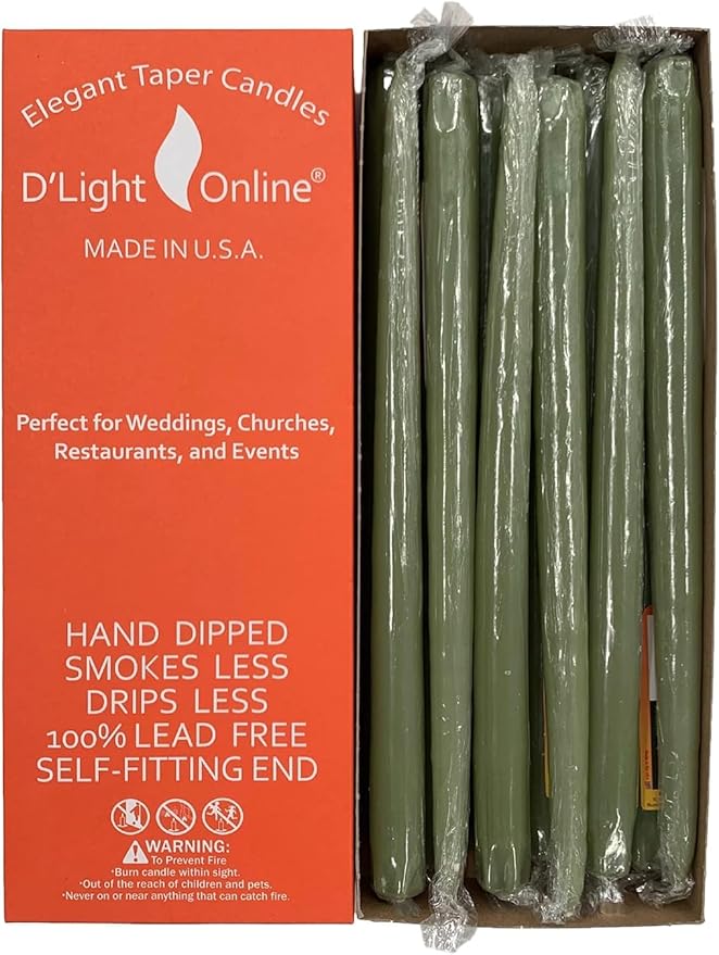 D'light Online Elegant 15" Unscented Basil Taper Candles, Premium Quality Hand-Dipped Tapered Candles, Dripless and Smokeless - Set of 12 Individually Wrapped (15 Inch, Basil)