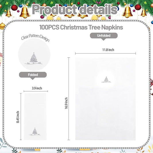 100PCS Christmas Paper Napkins - Silver Christmas Tree Napkin with Built-in Flatware Pocket Prefolded Cloth-Like - Heavy-duty Linen-Feel Dinner Napkins Disposable for Xmas Tableware Decor