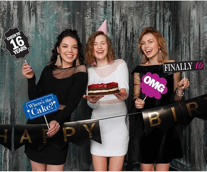 16th Sweet 16 Birthday Photo Booth Party Props - 40 Pieces - Funny 16th Birthday Party Supplies, Decorations and Favors