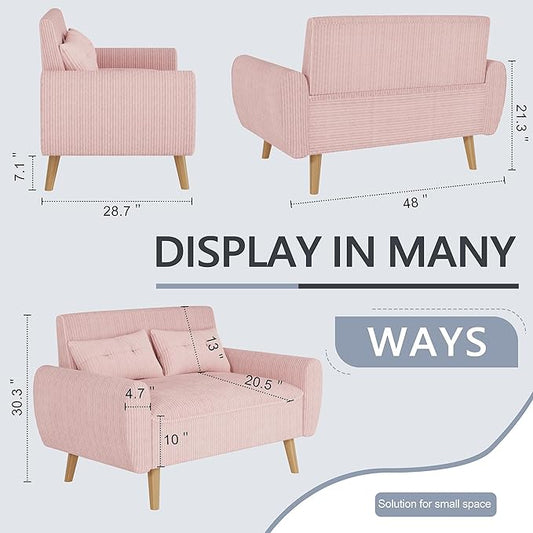 Shintenchi Small Modern Loveseat Couch Sofa, Mid Century Fabric Upholstered 2-Seat Sofa Couch Love Seats Furniture for Small Space,Living Room,Studio,Apartment with 2 Pillows, Pink