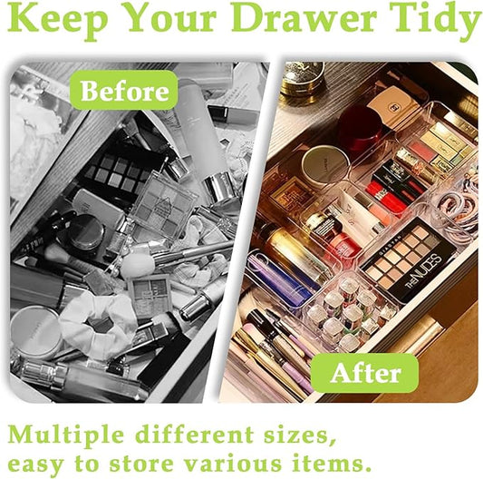 Clear Acrylic Drawer Organizer Trays, 5 Size Junk Box Organization Small Storage Container Bin for Desk Makeup Bathroom Vanity Kitchen Tool Make Up Workspace Home Dorm Apartment Office Room Nightstand