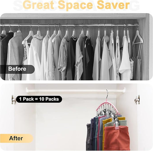 Metal Yoga Pants Hangers 1 Pack w/10 Clips Holds 10 Leggings, Space Saving Hanging Closet Organizer w/Rubber Coated Closet Organizers and Storage, Pink