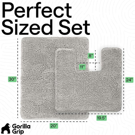 GORILLA GRIP Bathroom Rug Sets, Soft Chenille 2 Piece Area Rugs Set, Toilet Base Mat and 30x20 Carpet, Absorbent Microfiber Washable Mats Dry Quickly, Home Décor and Bath Room Accessories, Light Gray