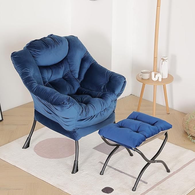LITA Lazy Chair with Ottoman, Modern Accent Leisure Upholstered Sofa Chair, Contemporary Lounge Reading Chairs with Armrests and a Side Pocket for Living Room, Bedroom & Small Space, Royal Blue