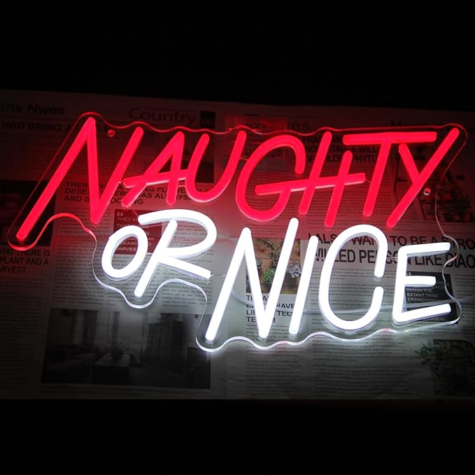 Naughty or Nice Neon Sign Christmas Room Decoration Red White Letters Neon Light Dimmable Words LED Signs for Wall Bedroom Living Room Bar Party Decor Xmas Gifts 15.7 x 11.4 inches