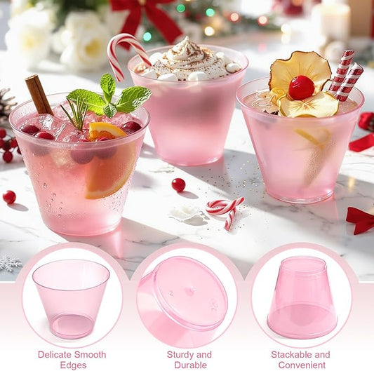 150 Pack Plastic Cups 9 oz Pink Clear Plastic Cups for Cocktail Fancy Disposable Cup for Party Stemless Wine Glasses for Wedding Thanksgiving Christmas Party Graduation