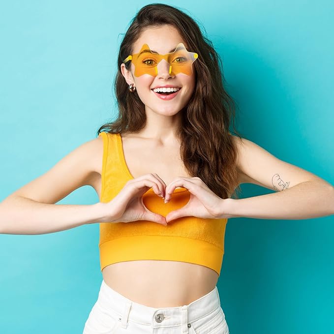 PLULON Star Sunglasses for Kids, 7 Pairs Light Yellow Star Glasses Fun Sunglasses, Rimless Star Shape Glasses Bulk Bachelorette Sunglasses Star Party Favors for Birthday Beach Party Kids Adult