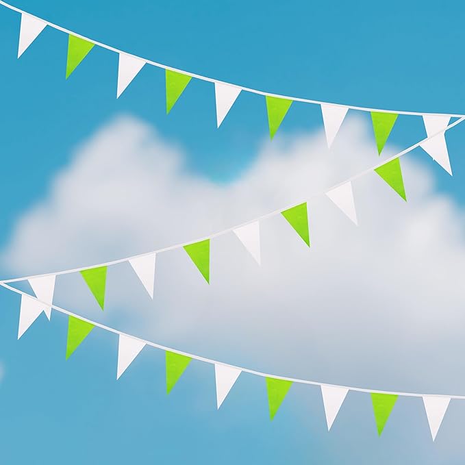 100 Ft White Green Pennant Banner Flag, 60 Pcs String Hanging DIY Bunting Flags for Party, School, Birthday, Wedding, Carnival, Celebrations, Outdoor and Indoor Decorations (White Green)