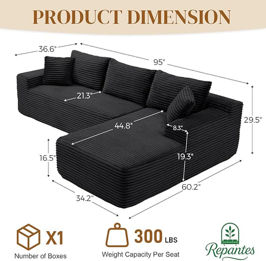 95" L Shaped Boneless Sectional Couches, Wide Armrest, Deep Seat, Memory Foam, Assembly Free, Modern Comfy Corduroy Fluffy Cloud Sofa with Right Chaise for Living Room, Small Spaces, Black