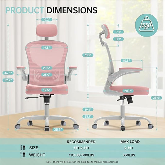 Synorla Office Chair Ergonomic Desk Chair, 330LBS Capacity, High Back Computer Design for Long Hours Comfort, Rolling Swivel Executive Task for Home Office with Flip-up Armrests (Grey Pink)
