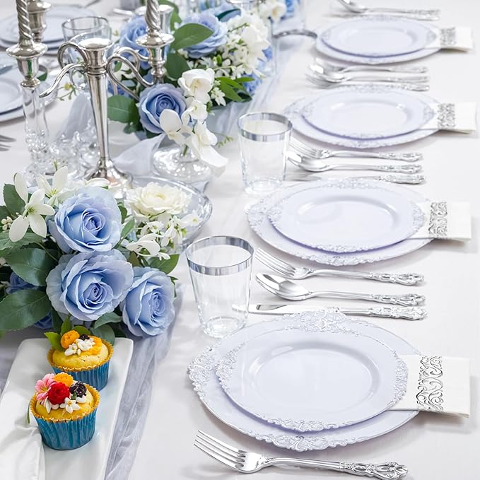 YOUBET 700PCS Silver Plastic Plates - White and Silver Disposable Plates - Silvery Plastic Dinnerware Set - Include 200 Plates, 300 Heavy Duty Silverware, 100 Cups and 100 Napkins for Wedding & Party