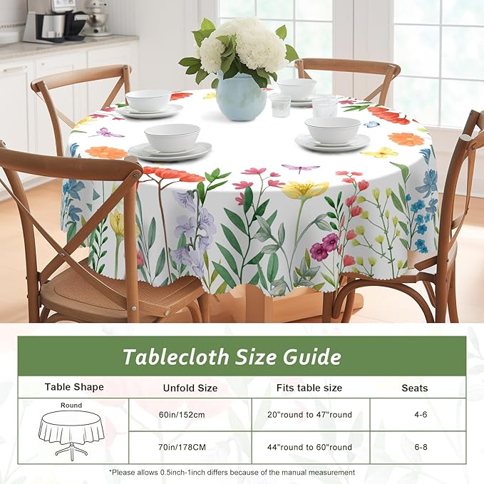 Eikione Tablecloth 70inch,Tablecloth Waterproof and Wrinkle-Free, Wild Flower Rustic Table Covers, Summer Decorations for Home
